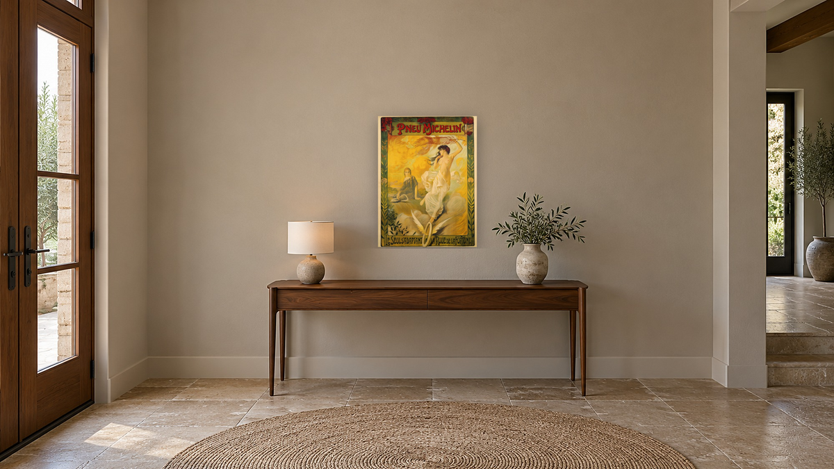 Pneu Michelin Advertisement Poster, shown at 30 × 40 in (76.2 × 101.6 cm) as gallery-wrapped canvas, hallway