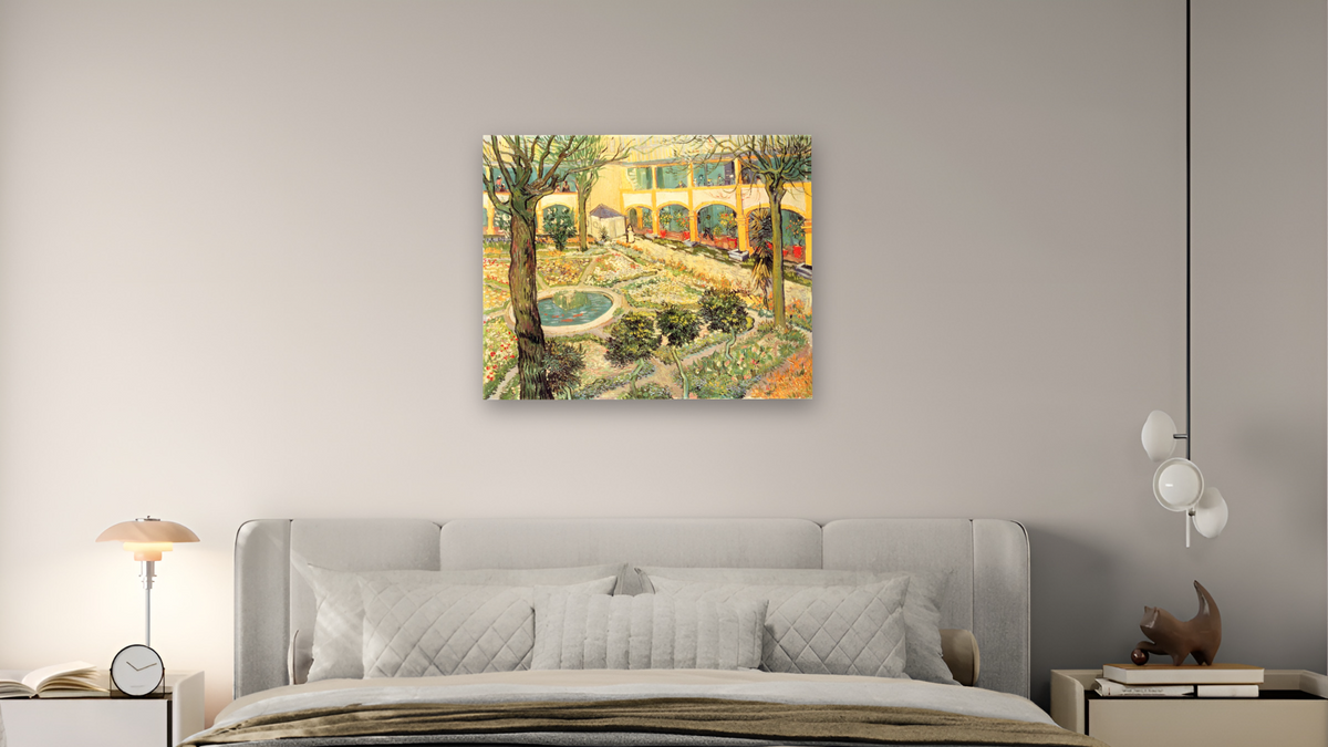 The Asylum Garden at Arles by Vincent van Gogh, shown at 32 × 40 in (81.3 × 101.6 cm) as gallery-wrapped canvas, bedroom
