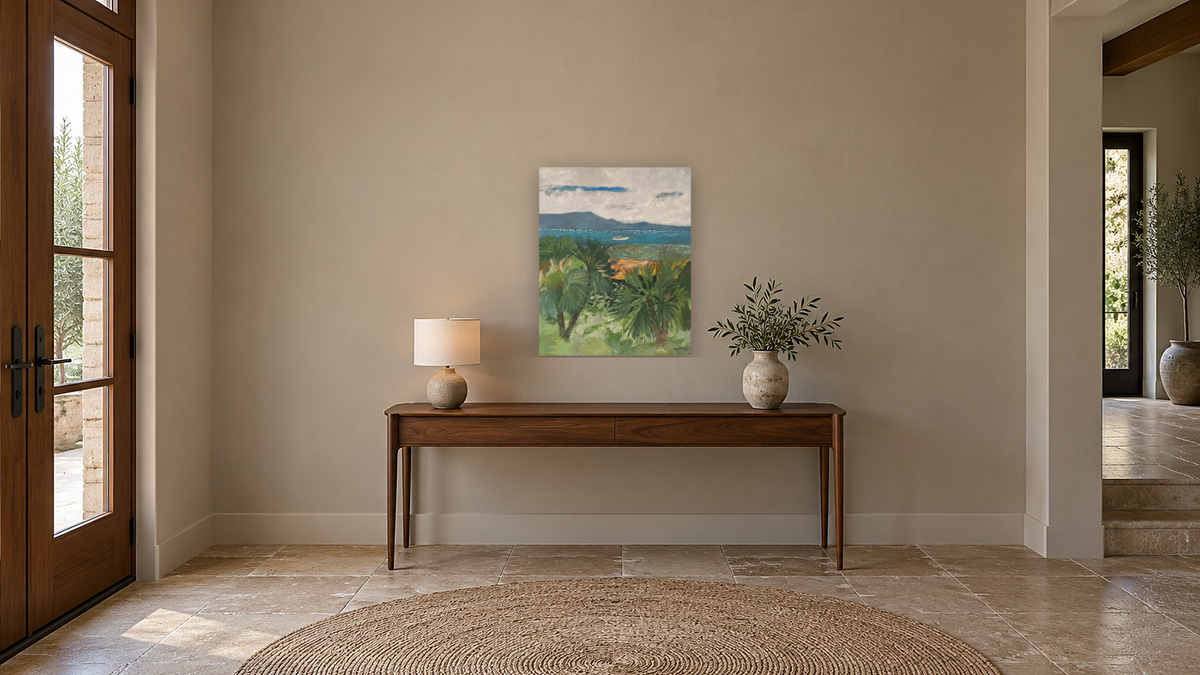 La Bateau Blanc Cote d’Azur by Guy Bardone, shown at 32 × 40 in (81.3 × 101.6 cm) as gallery-wrapped canvas, hallway