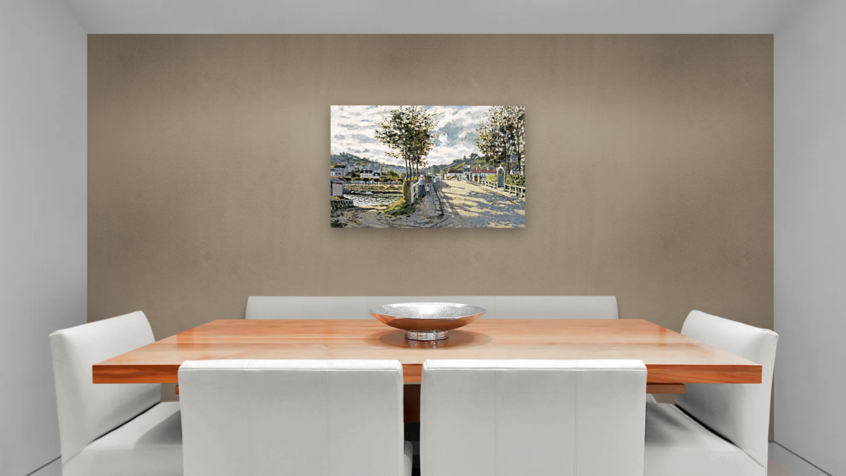 The Seine at Bougival by Claude Monet, shown at 28 × 42 in (71.1 × 106.7 cm) as gallery-wrapped canvas, dining