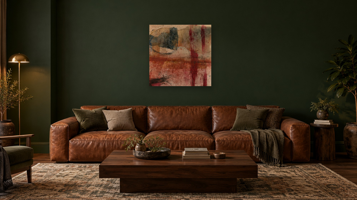 No. 437A by Michelle Oppenheimer, shown at 32 × 32 in (81.3 × 81.3 cm) as gallery-wrapped canvas, den