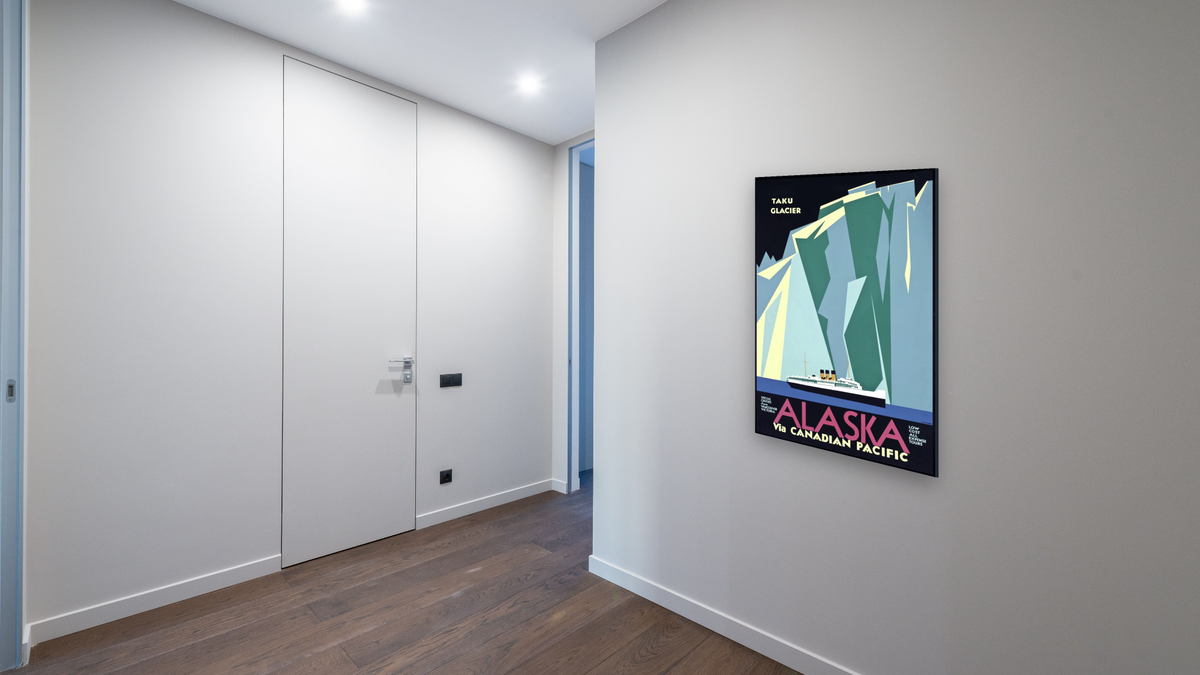 BPL Travel Posters, shown at 28 × 42 in (71.1 × 106.7 cm) as gallery-wrapped canvas, hallway