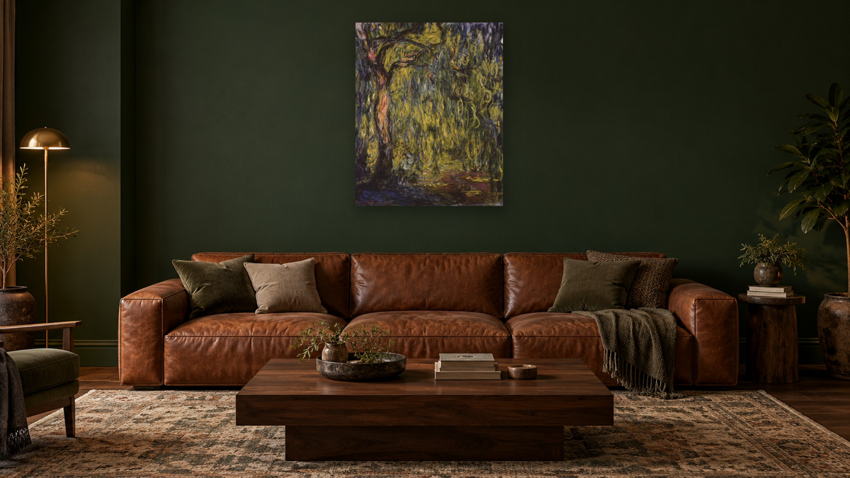 Weeping Willow by Claude Monet, shown at 32 × 40 in (81.3 × 101.6 cm) as gallery-wrapped canvas, den