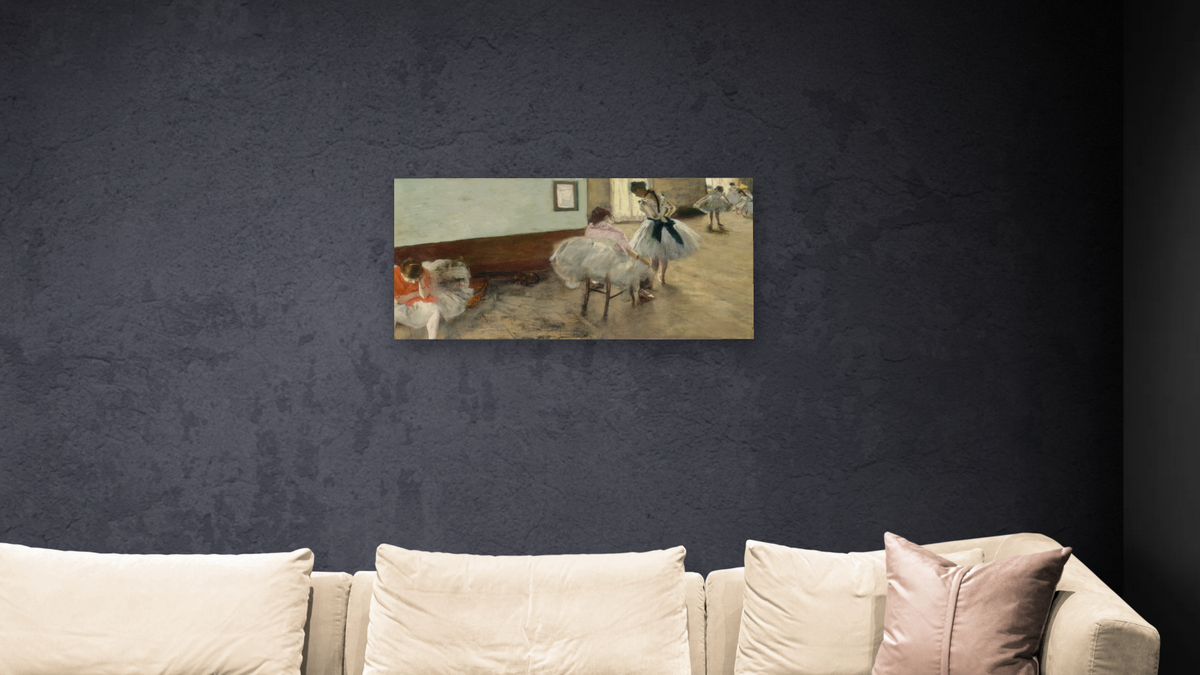 The Dance Lesson by Edgar Degas, shown at 20 × 40 in (50.8 × 101.6 cm) as gallery-wrapped canvas, living