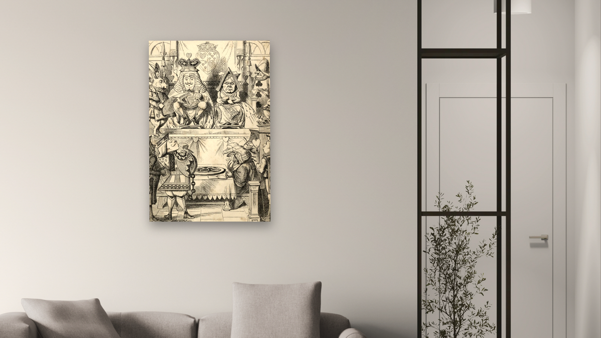 The Trial of the Knave of Hearts, from 'Alice's Adventures in Wonderland' by Lewis Carroll by John Tenniel, shown at 28 × 42 in (71.1 × 106.7 cm) as gallery-wrapped canvas, living