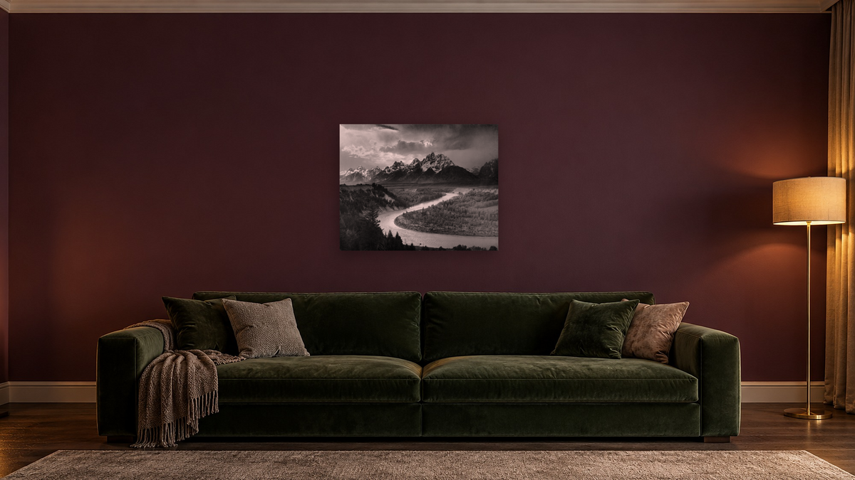 The Tetons and the Snake River by Ansel Adams, shown at 32 × 40 in (81.3 × 101.6 cm) as gallery-wrapped canvas, den