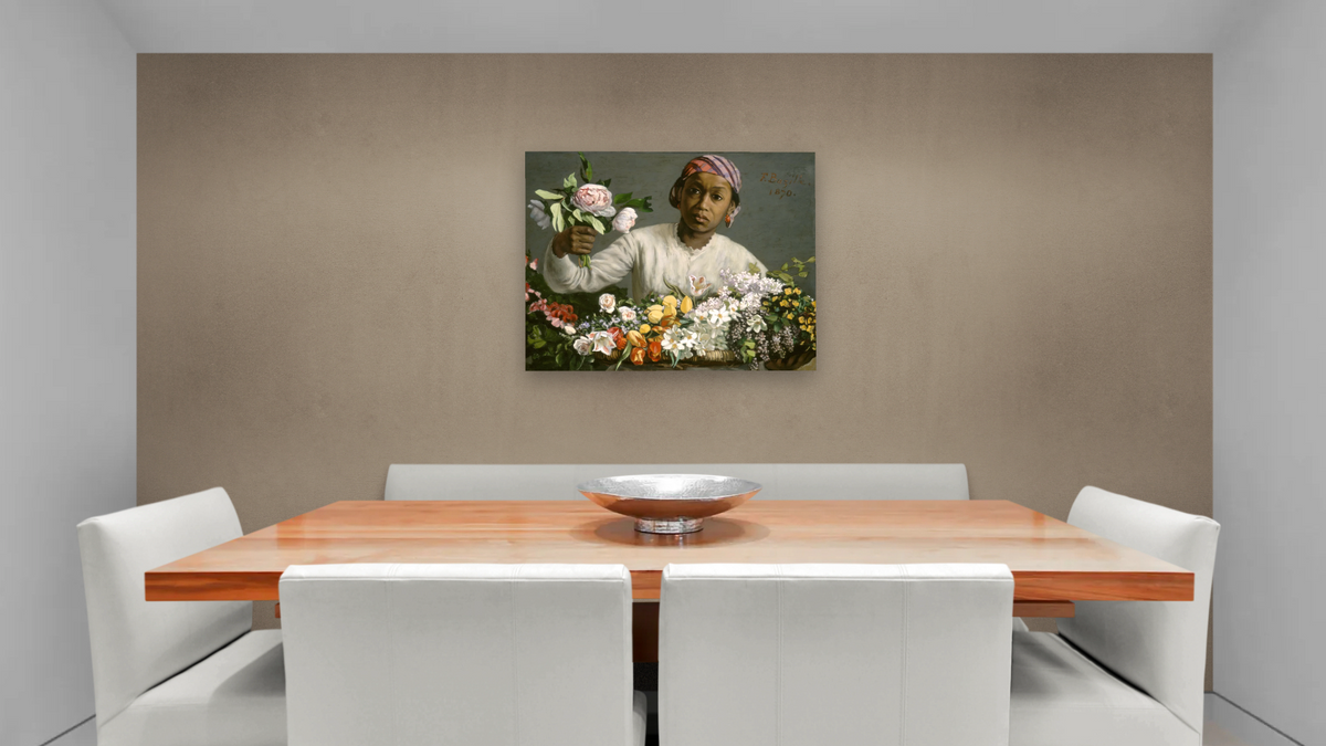 Young Woman with Peonies by Frederic Bazille, shown at 32 × 40 in (81.3 × 101.6 cm) as gallery-wrapped canvas, dining
