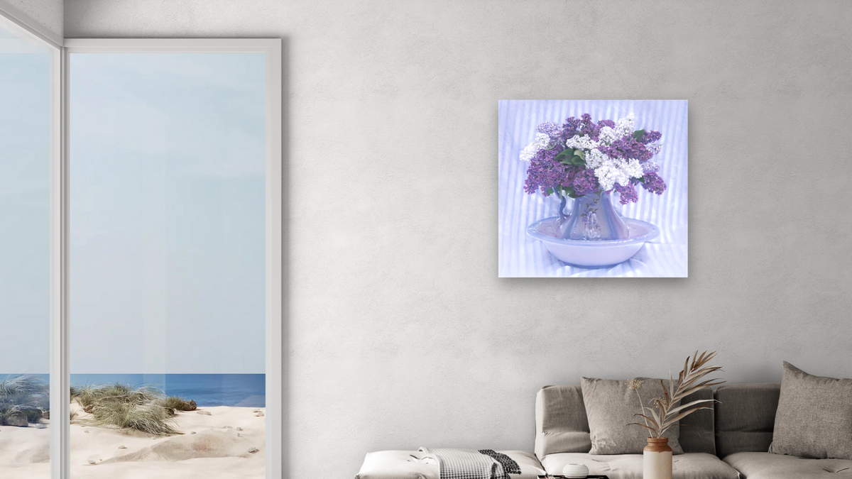 Lilacs by Kirsten Söderlind, shown at 32 × 32 in (81.3 × 81.3 cm) as gallery-wrapped canvas, living