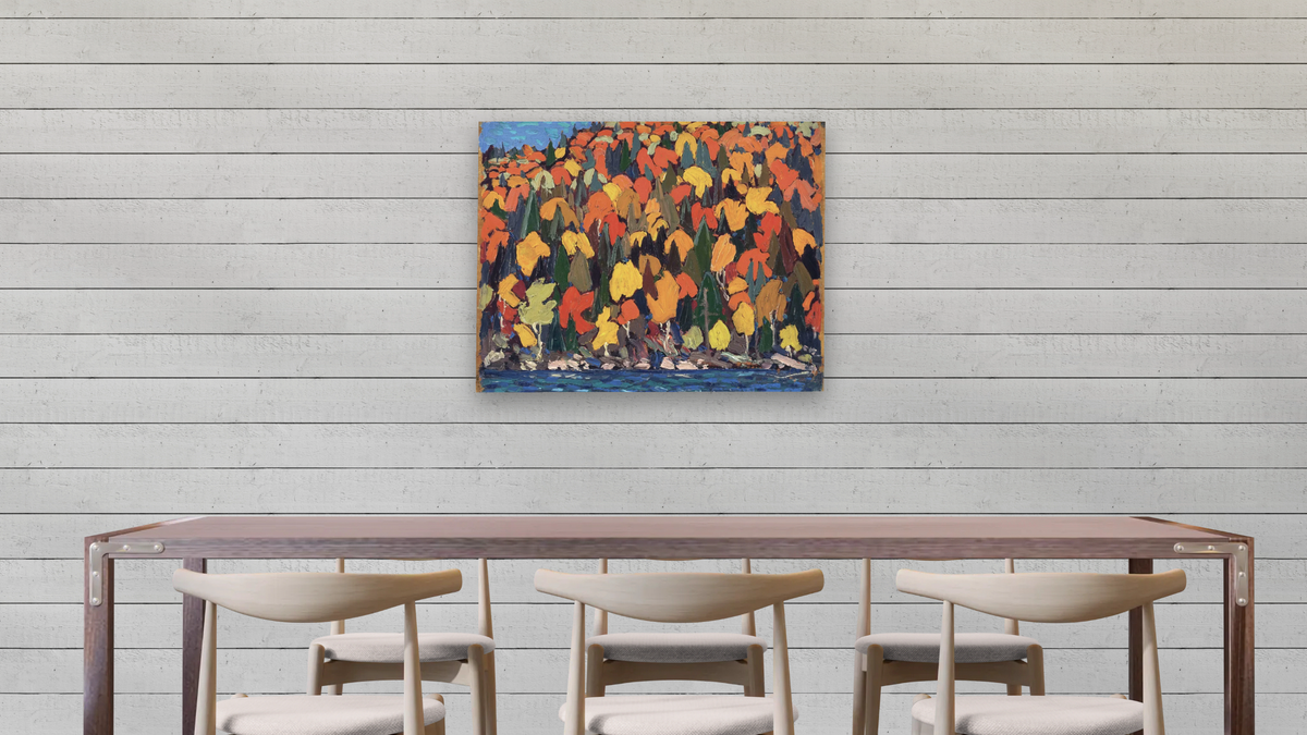 Autumn Foliage by Tom Thomson, shown at 32 × 40 in (81.3 × 101.6 cm) as gallery-wrapped canvas, dining