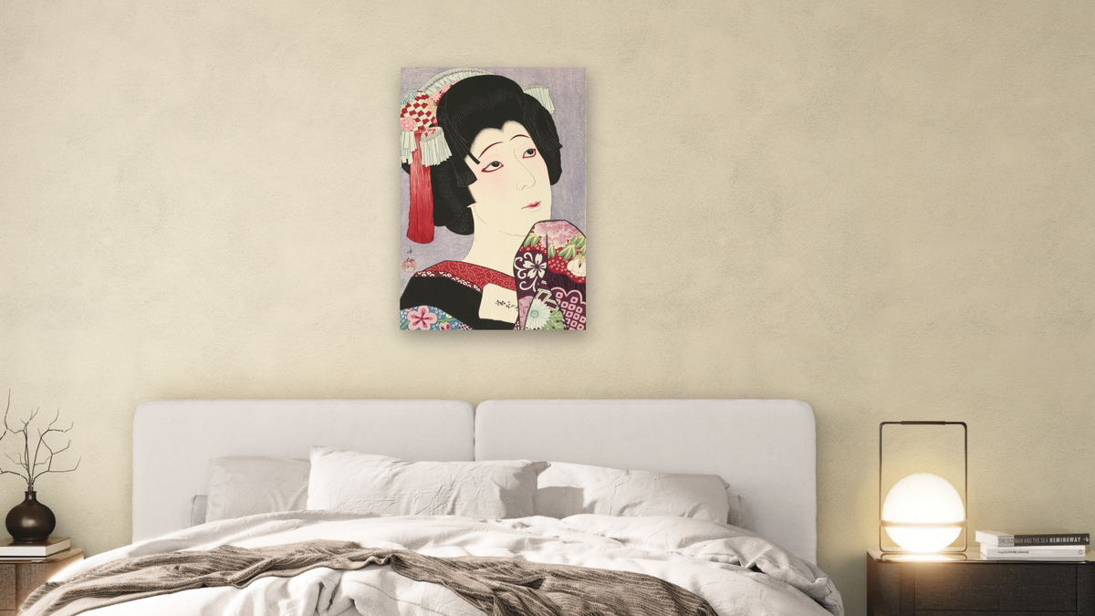 The Actor Nakamura Fukusuke V as Ohan by Natori Shunsen, shown at 28 × 42 in (71.1 × 106.7 cm) as gallery-wrapped canvas, bedroom