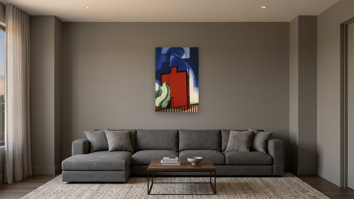 Blue Above, shown at 28 × 42 in (71.1 × 106.7 cm) as gallery-wrapped canvas, media room