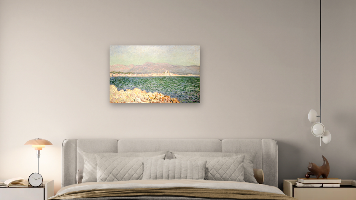 Golfe D'Antibes by Claude Monet, shown at 28 × 42 in (71.1 × 106.7 cm) as gallery-wrapped canvas, bedroom