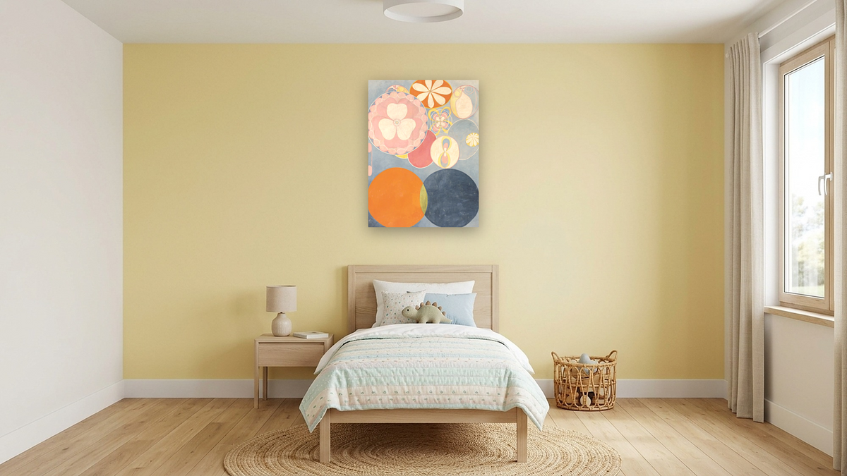 Group IV, The Ten Largest, No. 2, Childhood by Hilma af Klint, shown at 30 × 40 in (76.2 × 101.6 cm) as gallery-wrapped canvas, kids' room