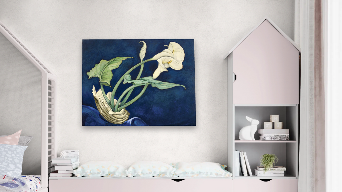 Calla Lilies (Bert Savoy) by Charles Demuth, shown at 32 × 40 in (81.3 × 101.6 cm) as gallery-wrapped canvas, bedroom