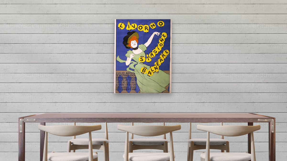 Livorno Stagione Balneare poster by Leonetto Cappiello, shown at 30 × 40 in (76.2 × 101.6 cm) as gallery-wrapped canvas, dining