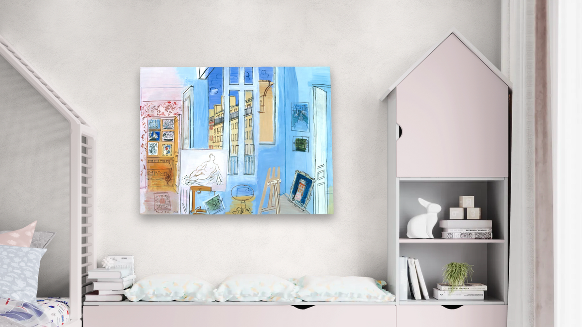 The Artist's Studio by Raoul Dufy, shown at 32 × 40 in (81.3 × 101.6 cm) as gallery-wrapped canvas, bedroom