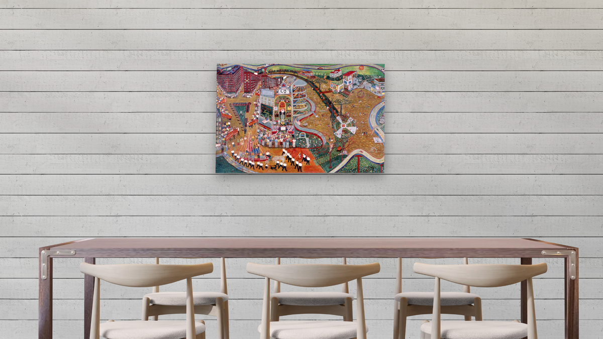 May Day by Ralph Fasanella, shown at 28 × 42 in (71.1 × 106.7 cm) as gallery-wrapped canvas, dining