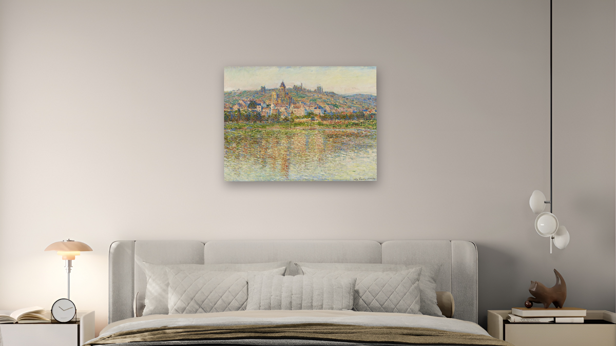 Vétheuil en été by Claude Monet, shown at 30 × 40 in (76.2 × 101.6 cm) as gallery-wrapped canvas, bedroom