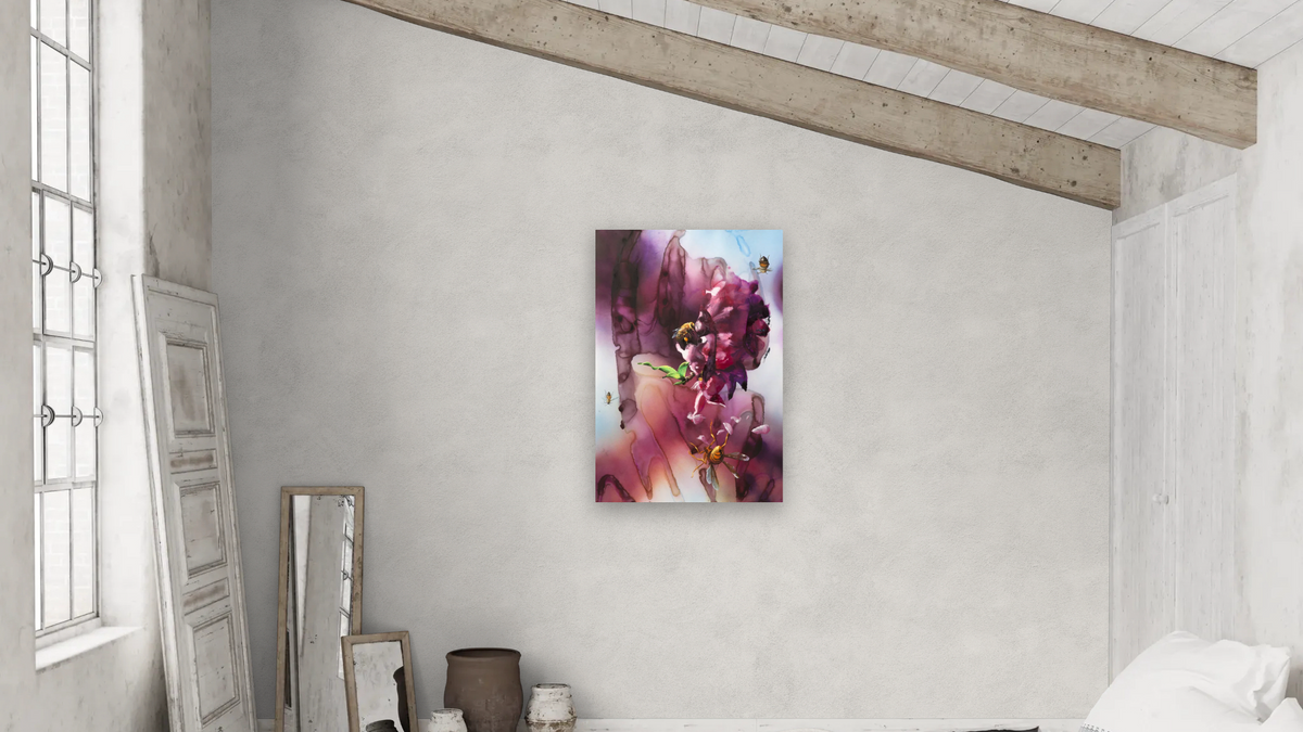Cherry Blossoms by Alexis Rockman, shown at 28 × 42 in (71.1 × 106.7 cm) as gallery-wrapped canvas, bedroom