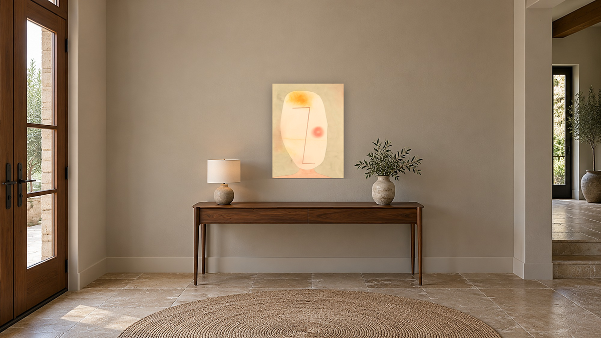 Untitled (Kopf) by Paul Klee, shown at 30 × 40 in (76.2 × 101.6 cm) as gallery-wrapped canvas, hallway