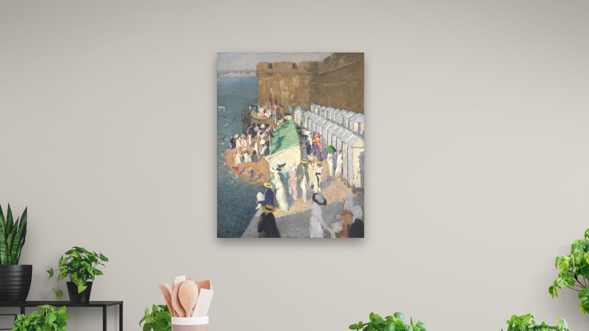 La marée haute a Saint-Malô (High tide at St Malô) by Ethel Carrick, shown at 32 × 40 in (81.3 × 101.6 cm) as gallery-wrapped canvas, dining