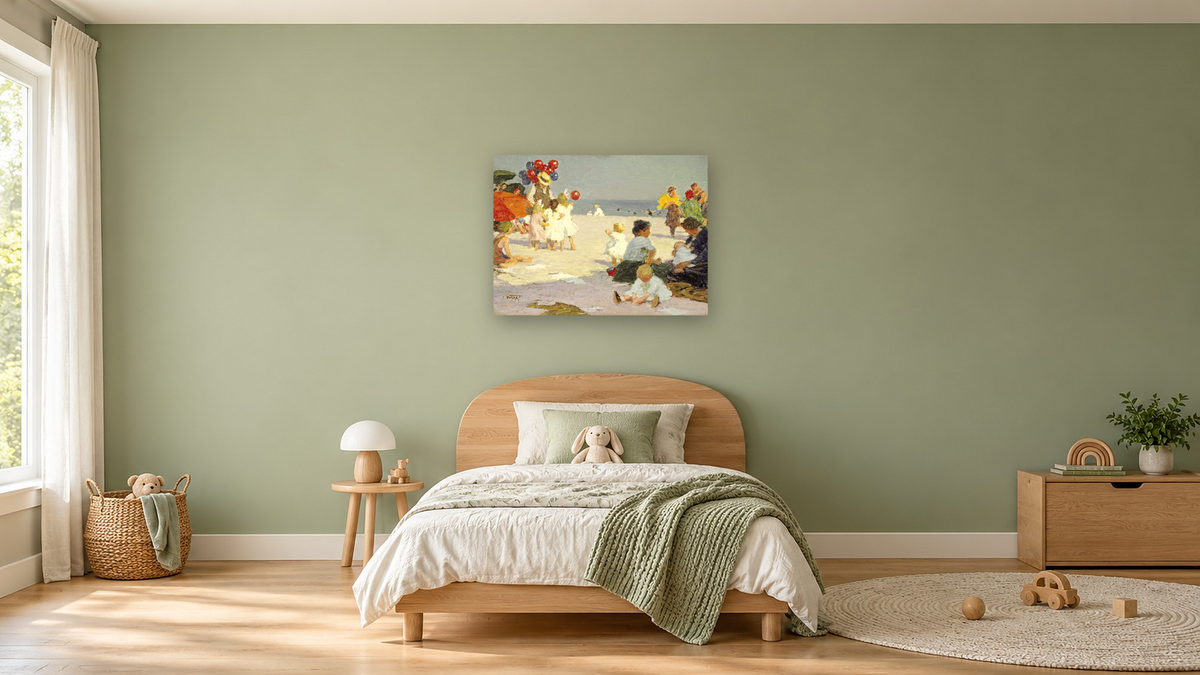 On The Beach by Edward Henry Potthast I, shown at 30 × 40 in (76.2 × 101.6 cm) as gallery-wrapped canvas, kids' room