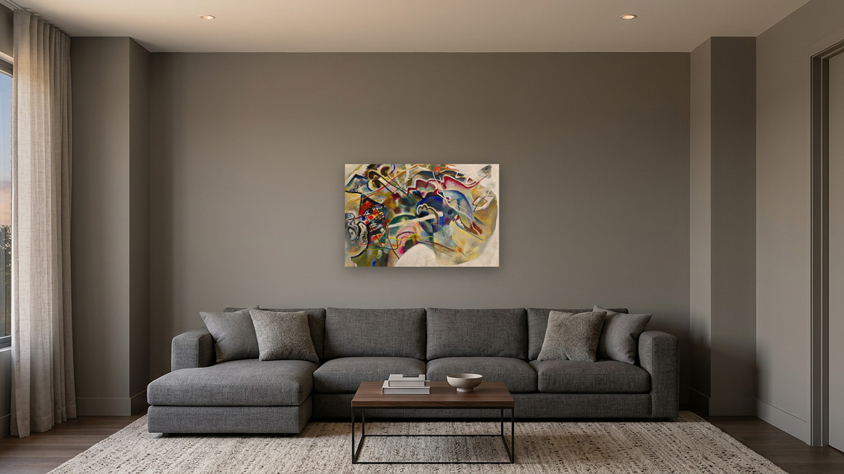 Painting with White Border, shown at 28 × 42 in (71.1 × 106.7 cm) as gallery-wrapped canvas, media room