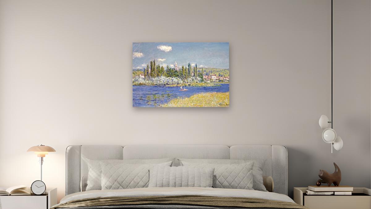 Vetheuil by Claude Monet, shown at 28 × 42 in (71.1 × 106.7 cm) as gallery-wrapped canvas, bedroom