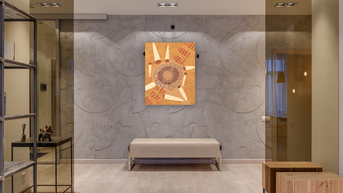 Big Pintupi Dreaming Ceremony by Anatjari Tjakamarra, shown at 32 × 40 in (81.3 × 101.6 cm) as gallery-wrapped canvas, hallway