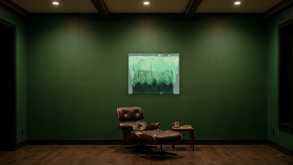 Adelies by Alexis Rockman, shown at 32 × 40 in (81.3 × 101.6 cm) as gallery-wrapped canvas, den
