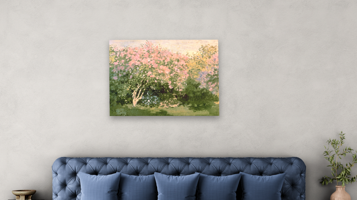 Lilac in the Sun by Claude Monet, shown at 30 × 40 in (76.2 × 101.6 cm) as gallery-wrapped canvas, bedroom