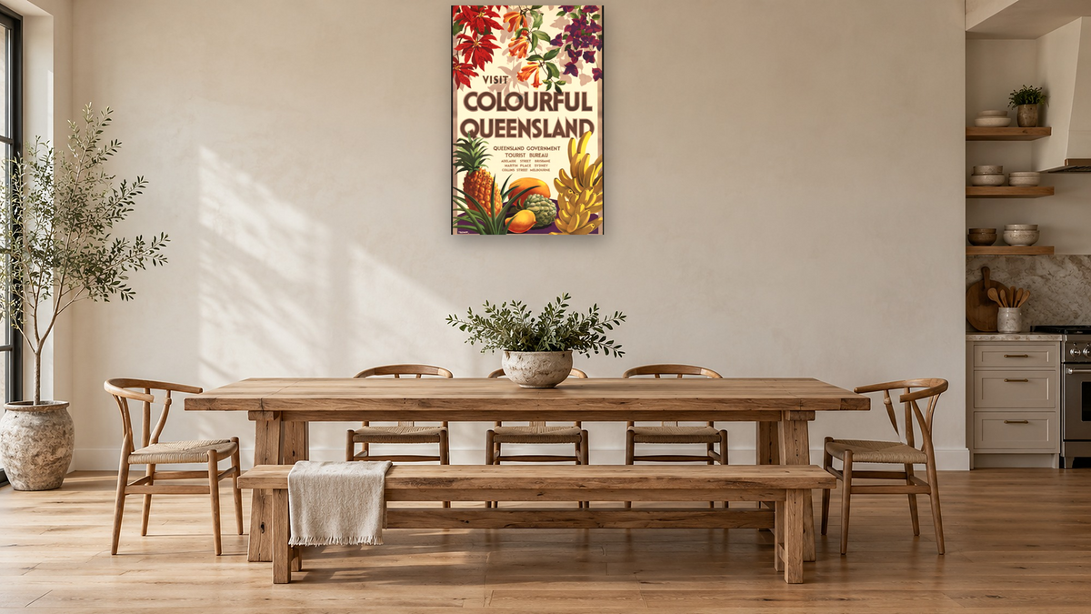 BPL Travel Posters, shown at 28 × 42 in (71.1 × 106.7 cm) as gallery-wrapped canvas, kitchen