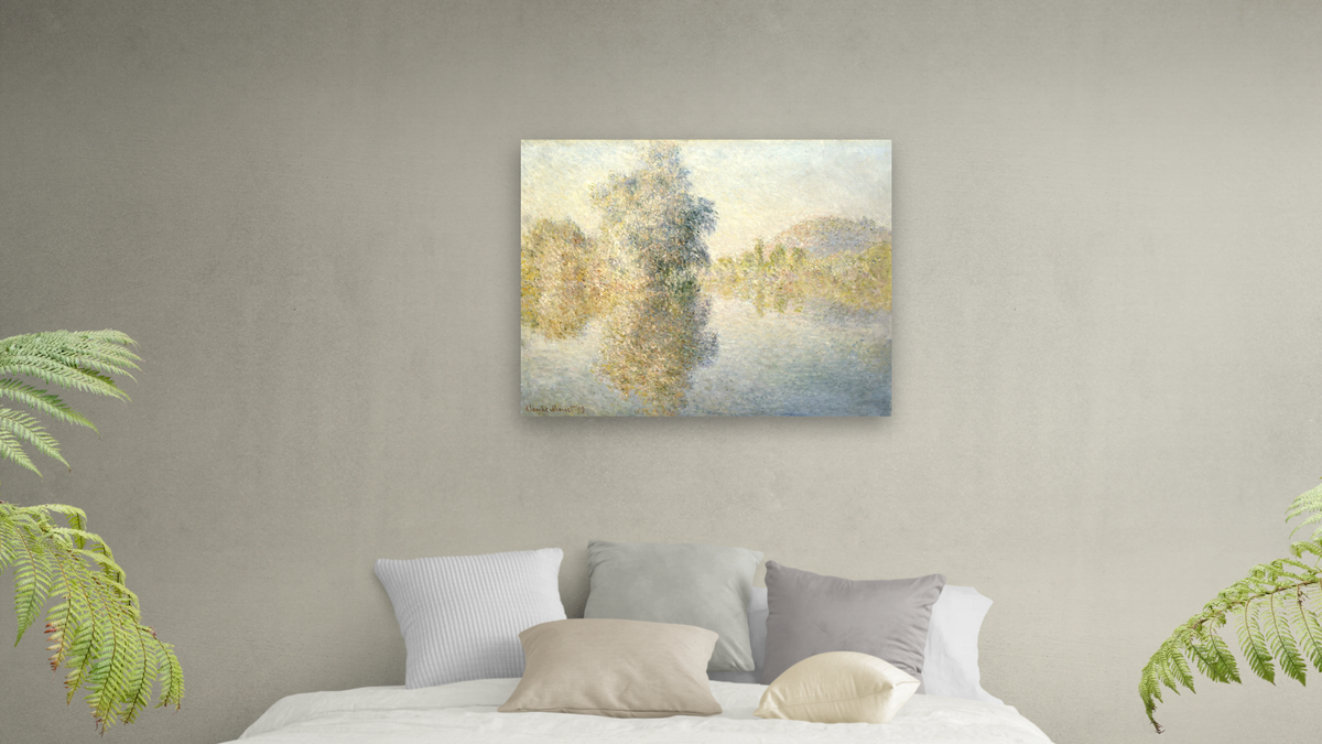 Early Morning On The Seine at Giverny by Claude Monet, shown at 32 × 40 in (81.3 × 101.6 cm) as gallery-wrapped canvas, bedroom