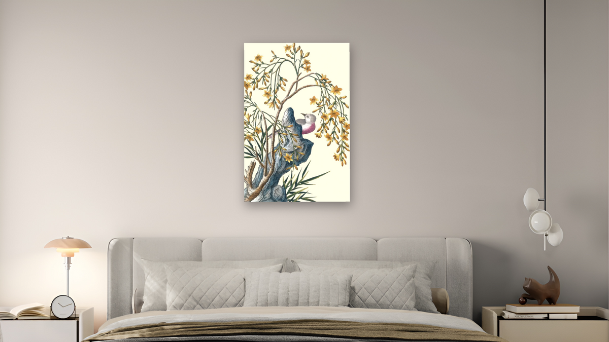 Yellow jasmine with bird and scholar's rock by Pierre Joseph Buchoz, shown at 28 × 42 in (71.1 × 106.7 cm) as gallery-wrapped canvas, bedroom