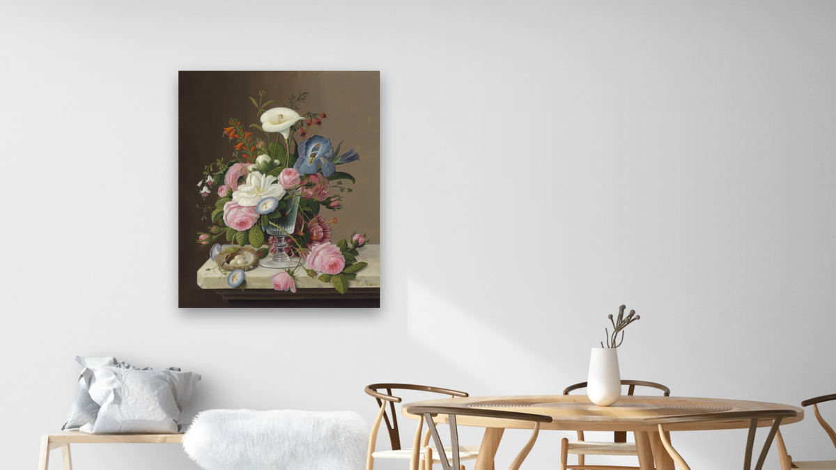 Early Summer Flowers in a Celery Glass by Severin Roesen, shown at 32 × 40 in (81.3 × 101.6 cm) as gallery-wrapped canvas, dining