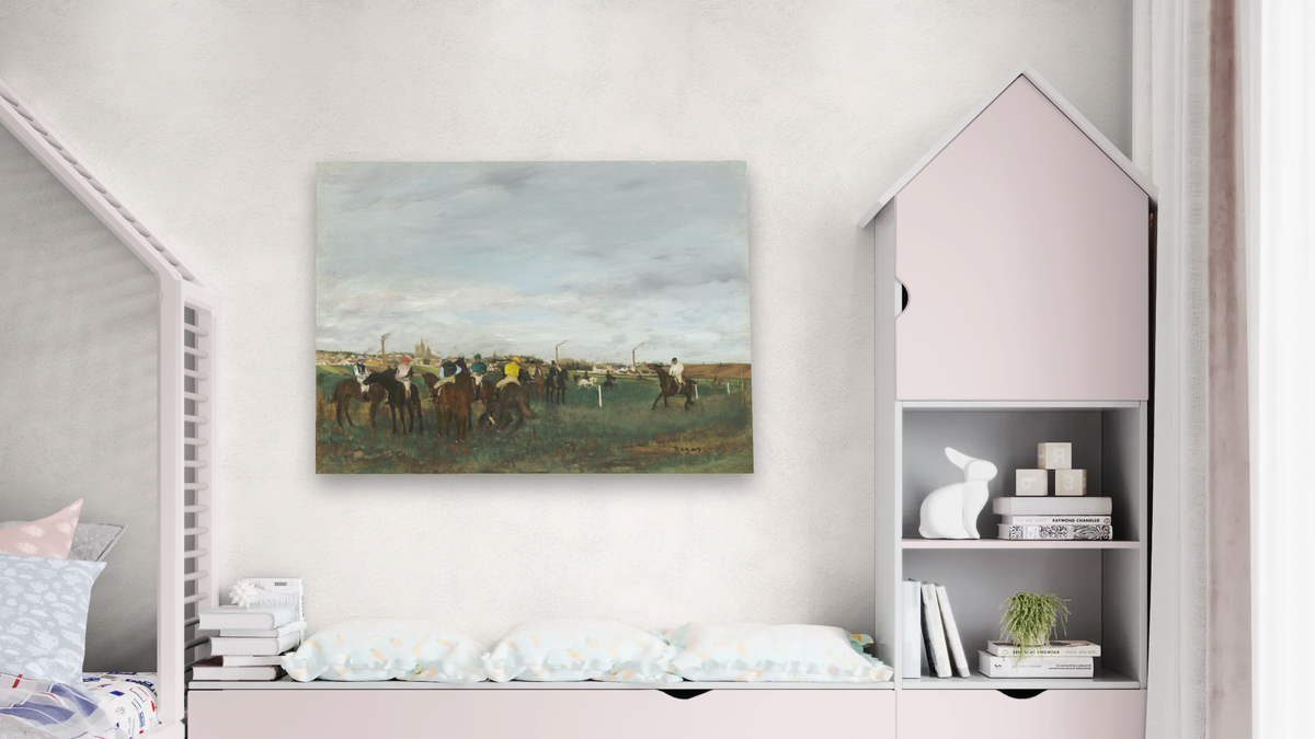 The Races by Edgar Degas, shown at 30 × 40 in (76.2 × 101.6 cm) as gallery-wrapped canvas, bedroom
