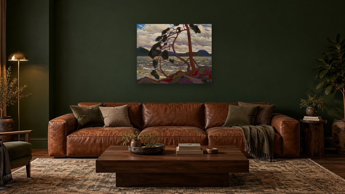 The West Wind, winter by Tom Thomson, shown at 32 × 40 in (81.3 × 101.6 cm) as gallery-wrapped canvas, den