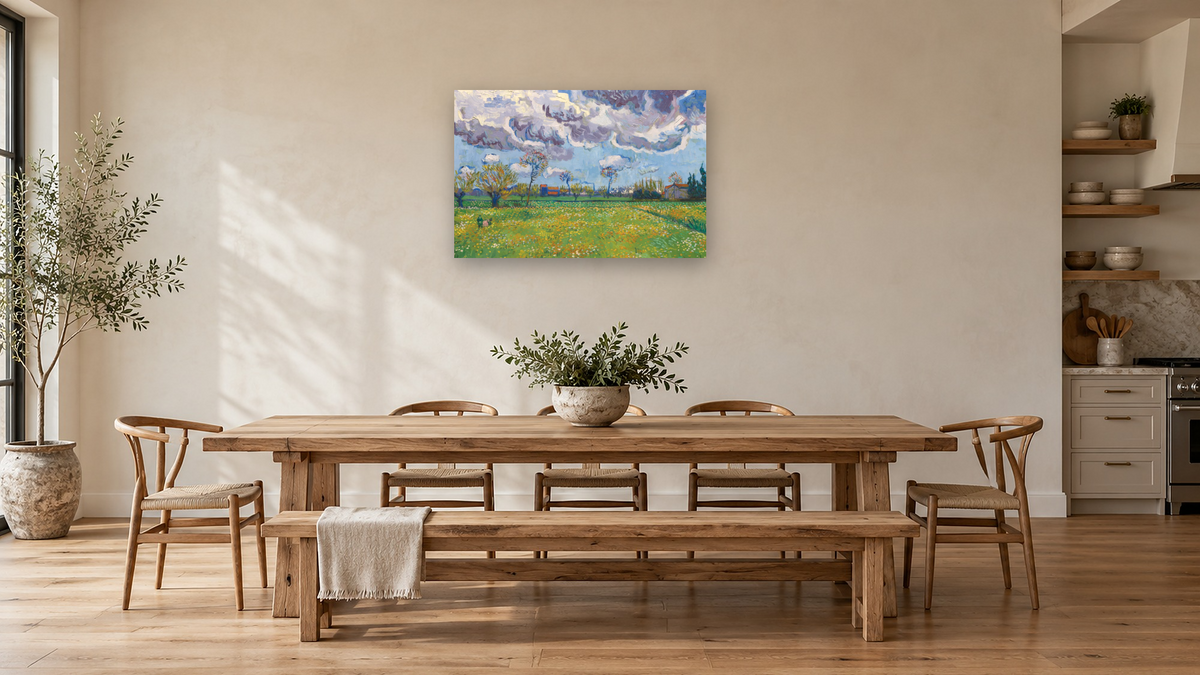 Landscape Under a Stormy Sky by Vincent van Gogh, shown at 28 × 42 in (71.1 × 106.7 cm) as gallery-wrapped canvas, kitchen