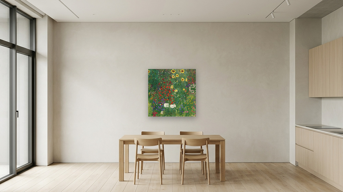 Farm Garden with Flowers (Brewery Garden at Litzlberg on the Attersee) by Gustav Klimt, shown at 32 × 32 in (81.3 × 81.3 cm) as gallery-wrapped canvas, kitchen
