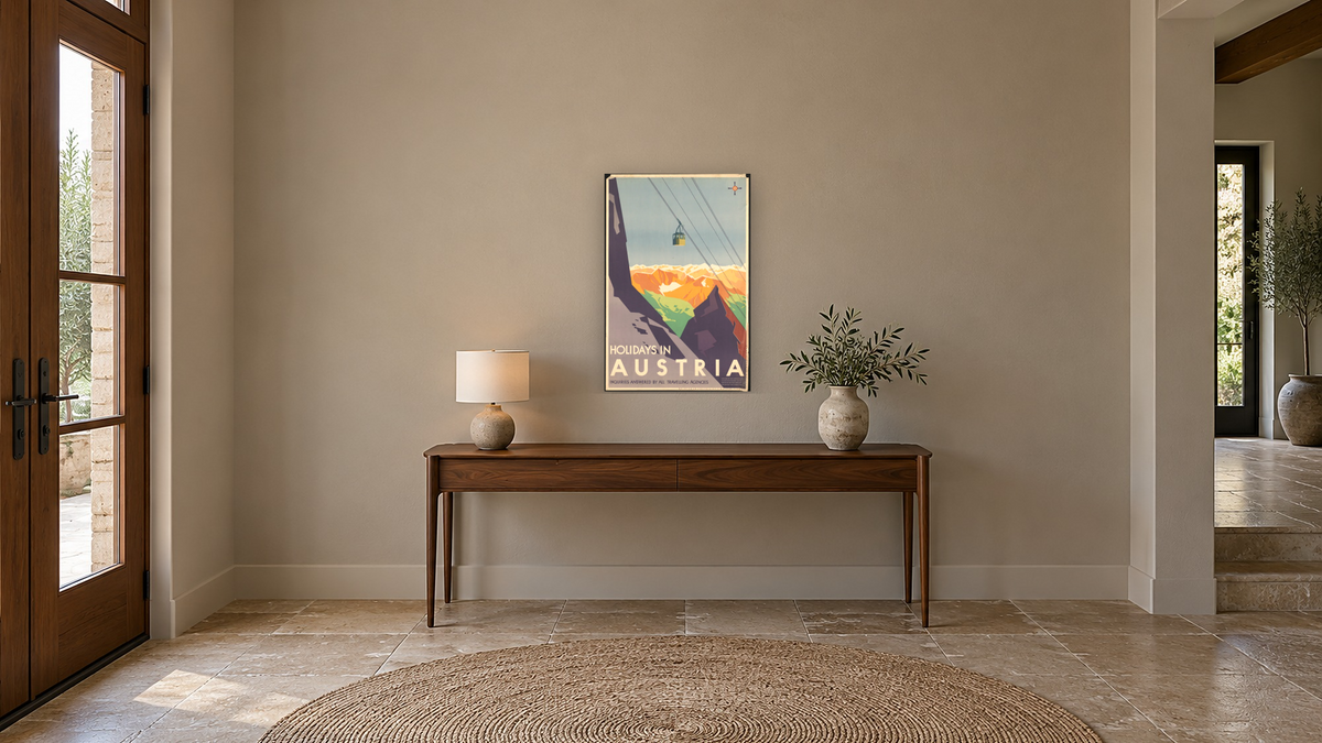 BPL Travel Posters, shown at 28 × 42 in (71.1 × 106.7 cm) as gallery-wrapped canvas, hallway