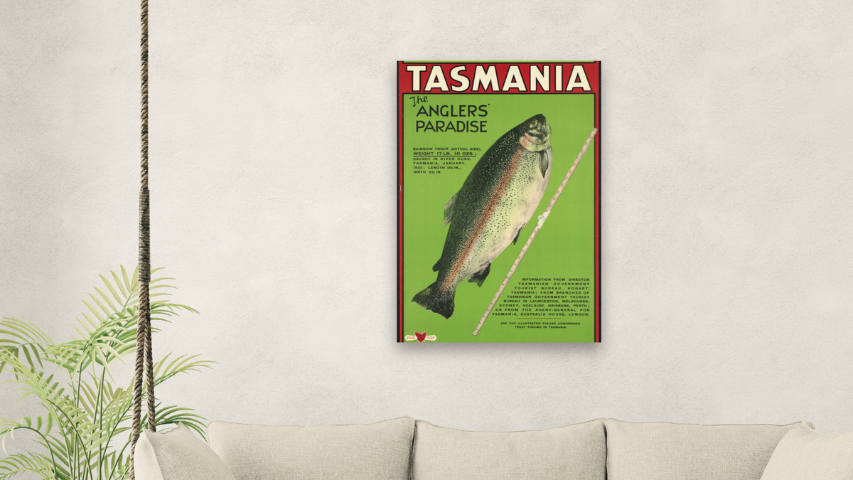 BPL Travel Posters, shown at 28 × 42 in (71.1 × 106.7 cm) as gallery-wrapped canvas, living