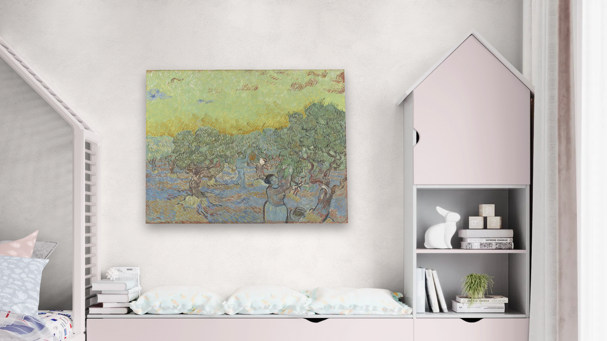 Olive Grove with Two Olive Pickers by Vincent van Gogh, shown at 32 × 40 in (81.3 × 101.6 cm) as gallery-wrapped canvas, bedroom