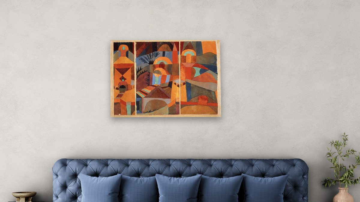 Temple Gardens by Paul Klee, shown at 30 × 40 in (76.2 × 101.6 cm) as gallery-wrapped canvas, bedroom