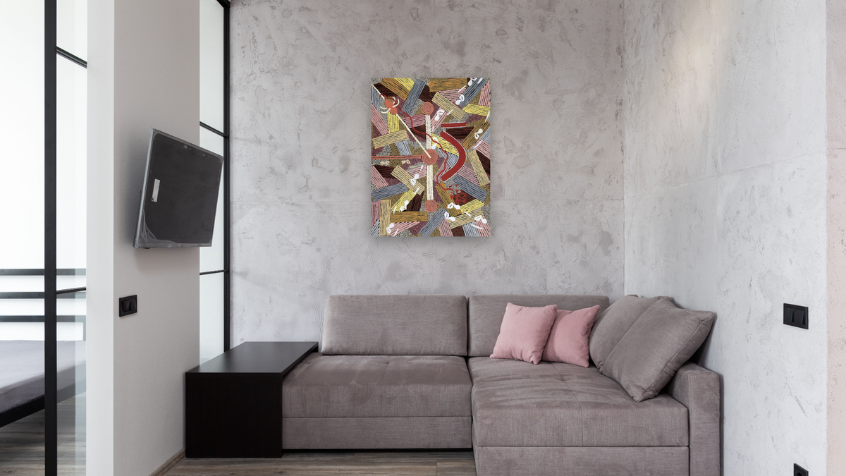 Man's Love Story by Clifford Possum Tjapaltjarri, shown at 30 × 40 in (76.2 × 101.6 cm) as gallery-wrapped canvas, media room