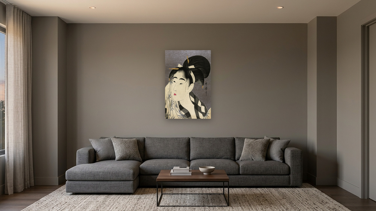Ase o fuku onna (Woman Wiping Sweat) by Kitagawa Utamaro, shown at 28 × 42 in (71.1 × 106.7 cm) as gallery-wrapped canvas, media room