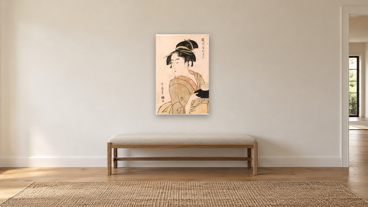 A bust portrait of the waitress Okita of the Naniwaya Teahouse by Kitagawa Utamaro, shown at 28 × 42 in (71.1 × 106.7 cm) as gallery-wrapped canvas, hallway
