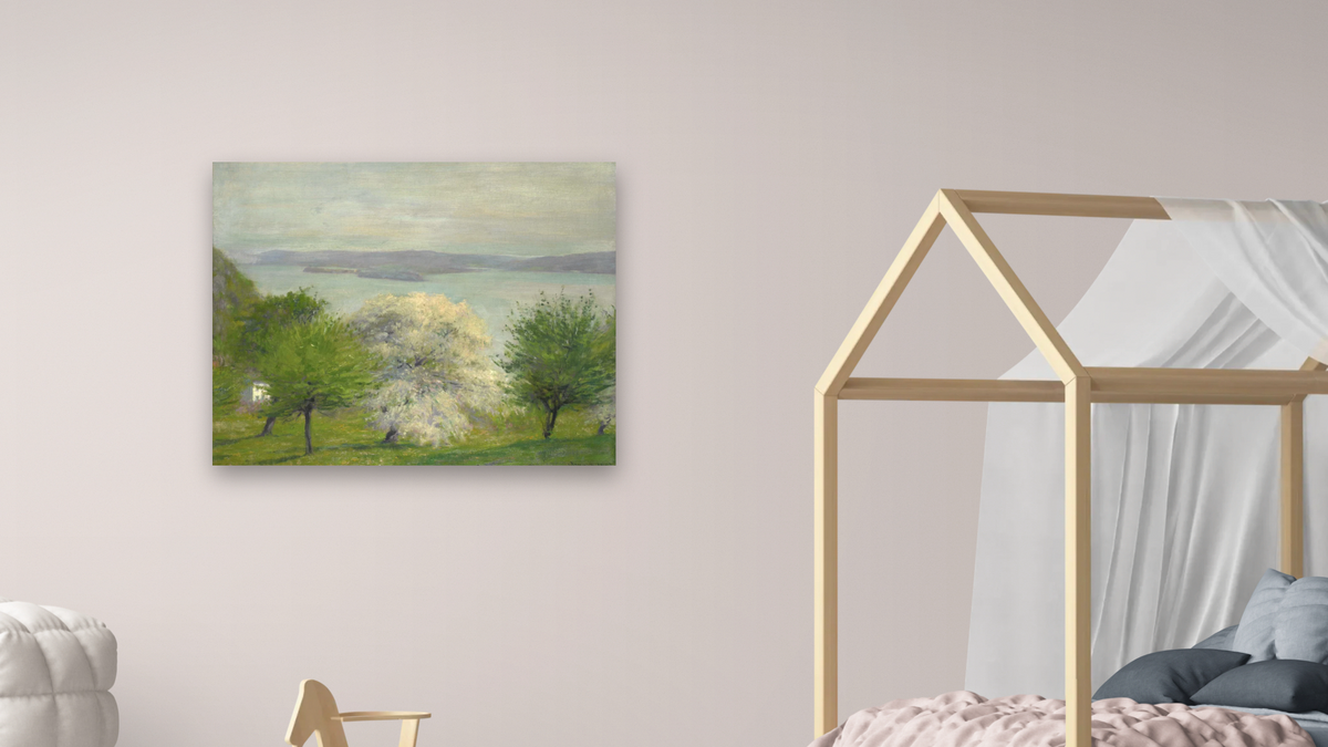 Apple Bloom by Robert William Vonnoh, shown at 32 × 40 in (81.3 × 101.6 cm) as gallery-wrapped canvas, bedroom