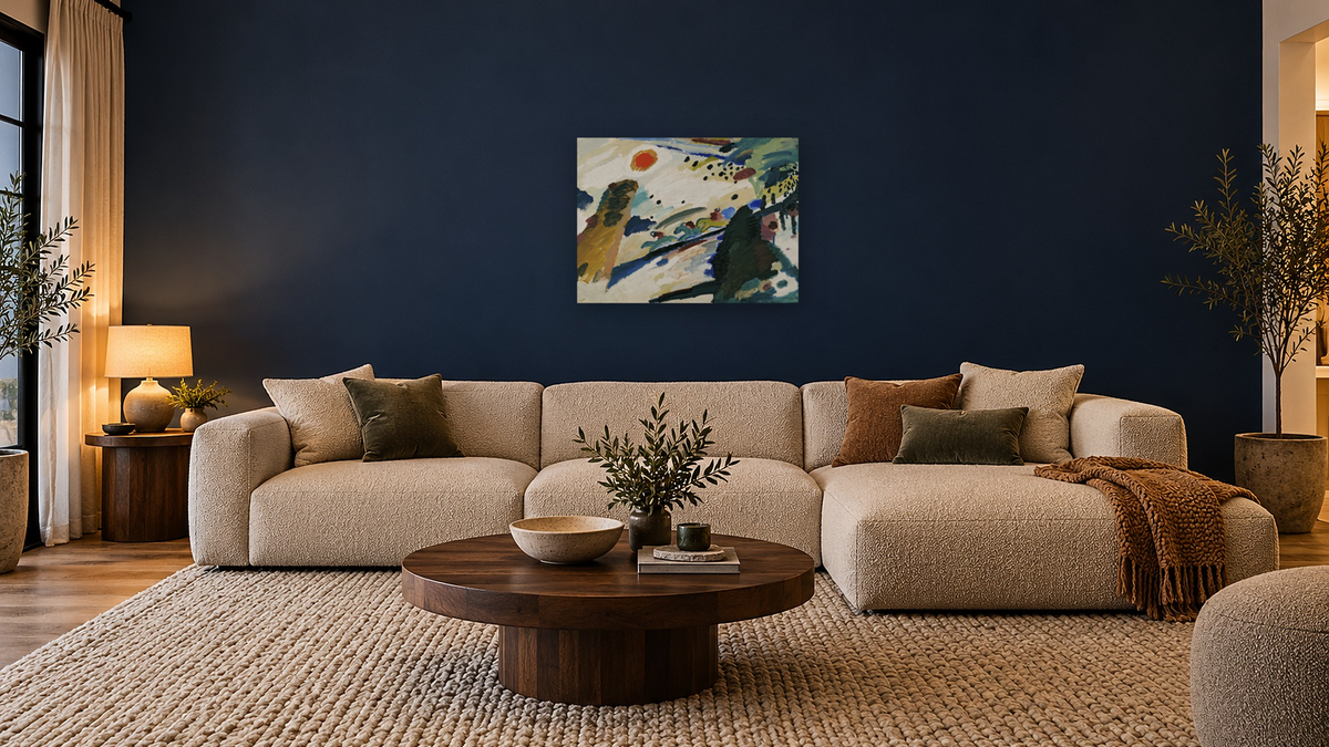Romantic Landscape by Wassily Kandinsky, shown at 30 × 40 in (76.2 × 101.6 cm) as gallery-wrapped canvas, media room