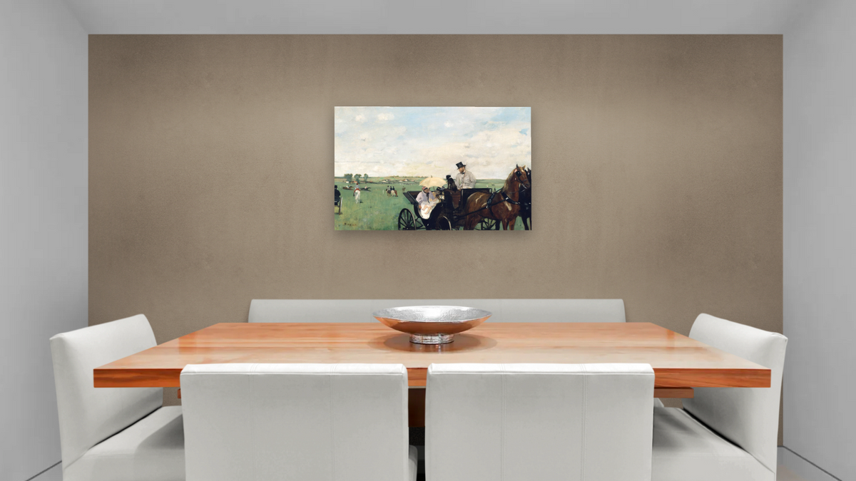 At the Races in the Countryside by Edgar Degas, shown at 28 × 42 in (71.1 × 106.7 cm) as gallery-wrapped canvas, dining