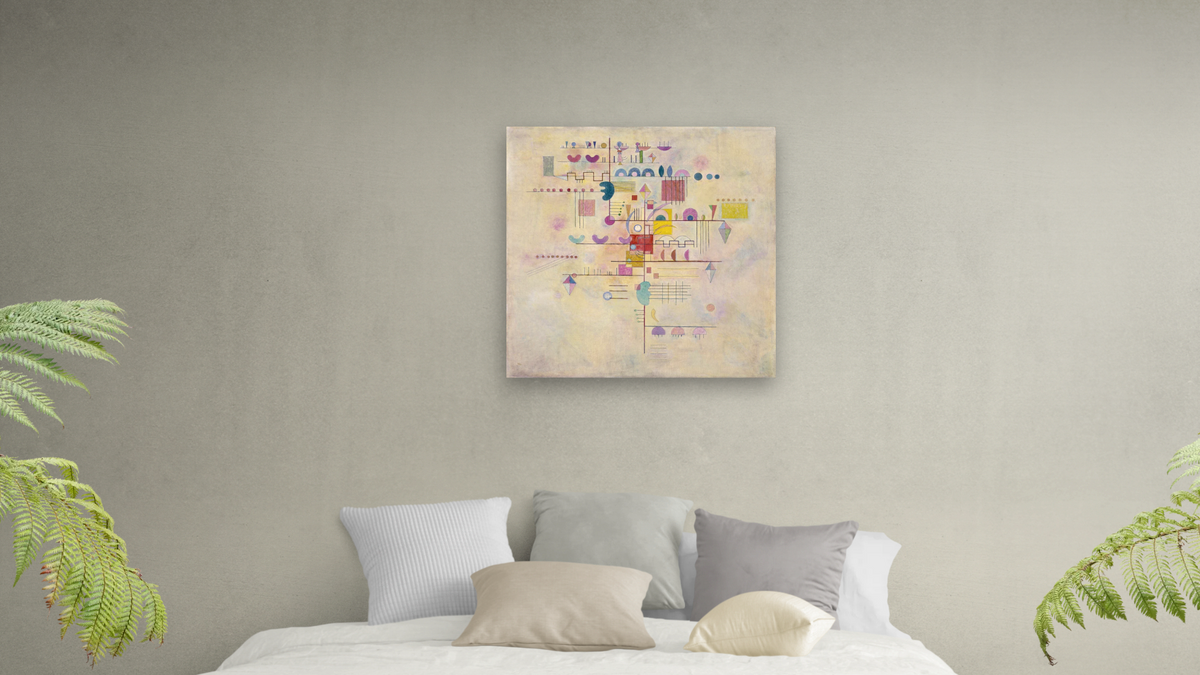 Graceful Ascent, shown at 32 × 32 in (81.3 × 81.3 cm) as gallery-wrapped canvas, bedroom
